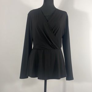H & M Black Wrap front, peplum Top, Lpng Sleeve, V neck, Medium